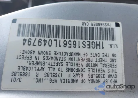 2001 Honda Civic Lx из США, поврежденный, VIN 1HGES16561L049794